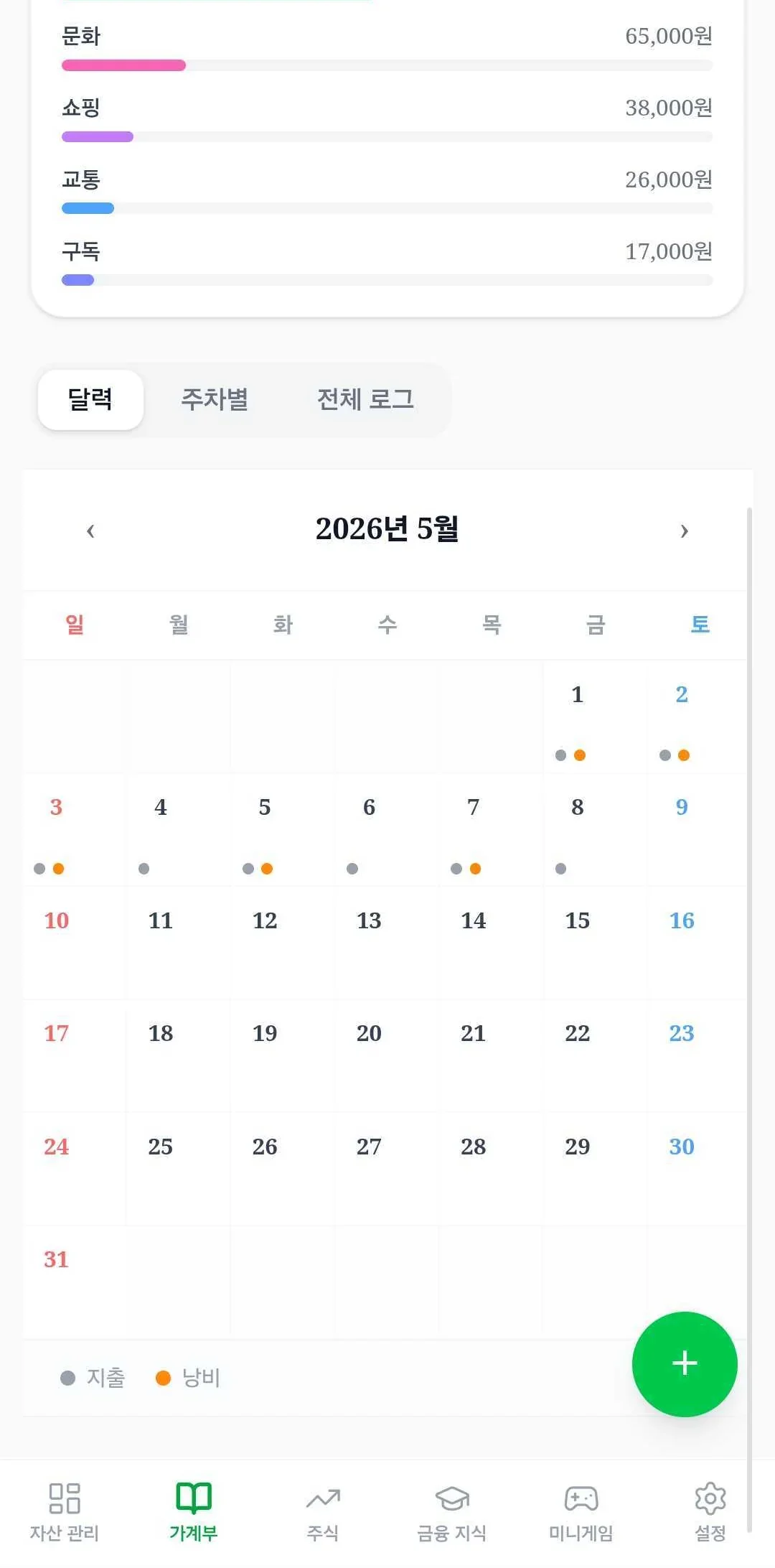 가계부 달력 뷰 모바일 화면